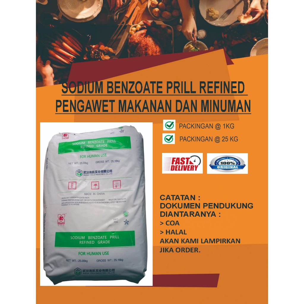 

SODIUM BENZOATE PRILL KEMASAN HIJAU/BUTIRAN NATRIUM BENZOATE/PENGAWET MAKANAN DAN MINUMAN PACKINGAN @ 1 KG DAN 25 KG BERSERTIKAT HALAL MUI