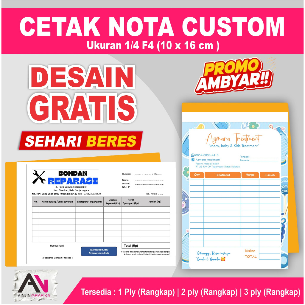 

cetak nota custom 1 ply / 2 ply / 3 ply, nota satuan, nota ukuran 1/4 F4