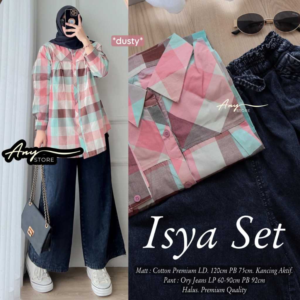 Setelan Kemeja Wanita Isya Set Bahan Katun Motif Kotak Celana Jeans Ukuran Jumbo LD 120 cm