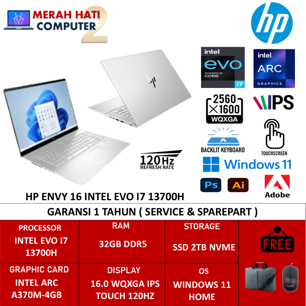 Laptop Hp Envy 16 Intel Evo I7 13700H 32GB DDR5 2TB Arc A370M-4GB 16.0 WQXGA Ips 120HZ Win 11 Home