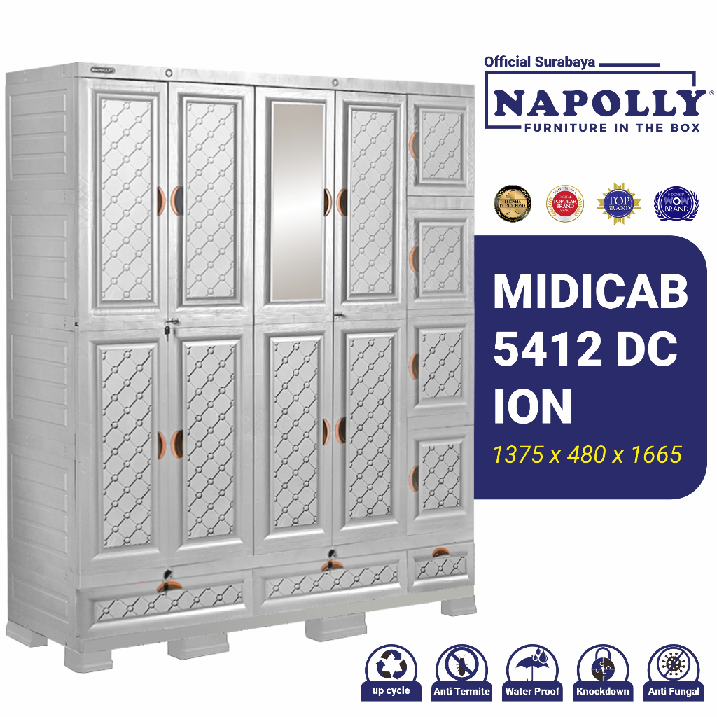 Napolly (Official Surabaya) - Lemari Pakaian Plastik 5 Tower Dilengkapi Gantungan, Rak, Kunci, Cermi