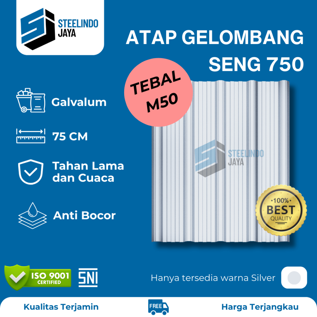 Atap Seng Gelombang Galvalum Silver Lebar 750mm Tebal 0,50mm (M050) Panjang 1 - 6 Meter