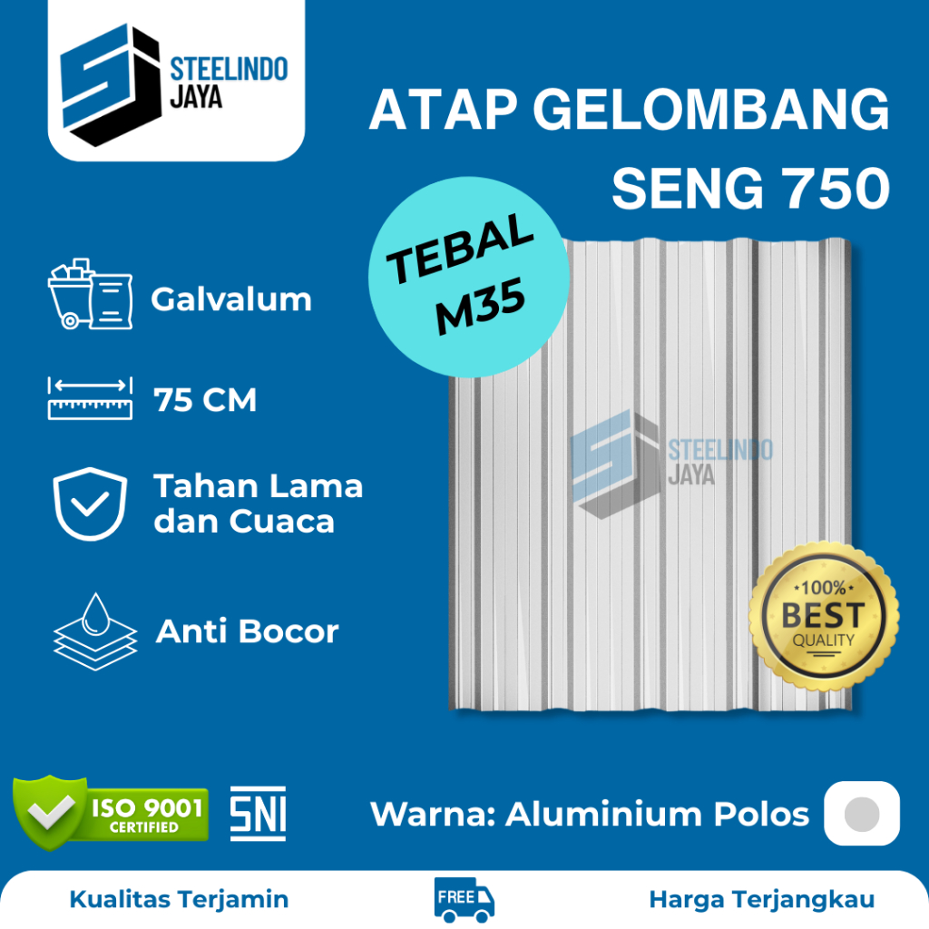 Atap Seng Galvalum Aluminium Lebar 750mm Tebal 0,35mm (M035) Panjang 1 - 6 Meter