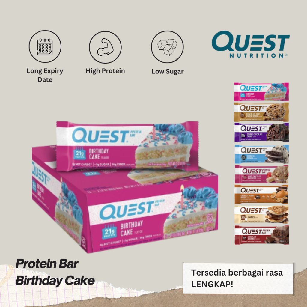 

Quest Protein Bar 60g Rasa Birthday Cake Nutrition Energy Healthy Snack Bars Fitness Gym Low Sugar High Protein High Fiber