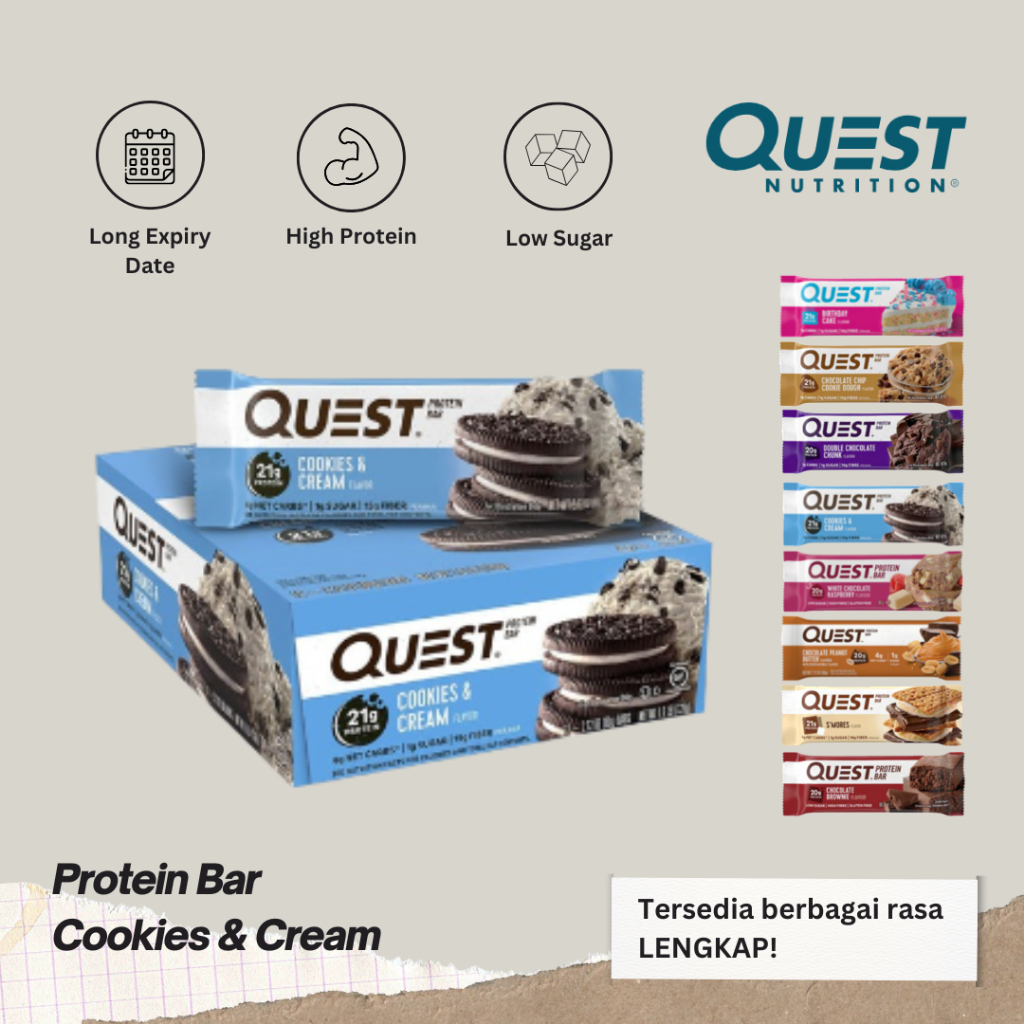 

Quest Protein Bar 60g Rasa Cookies & Cream Nutrition Energy Healthy Snack Bars Fitness Gym Low Sugar High Protein High Fiber