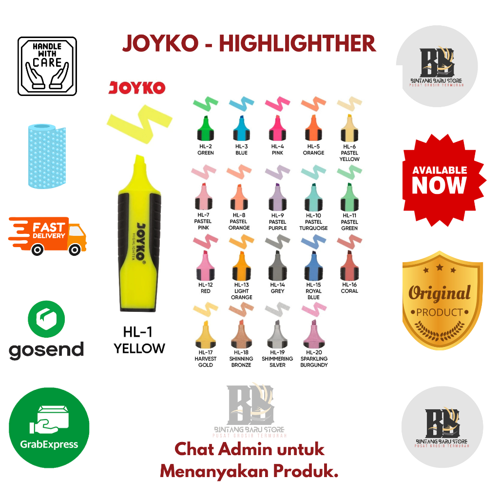 

[HARGA 1 BOX] JOYKO - HIGHLIGHTER / STABILO - WARNA KUNING, BIRU, HIJAU, ORANGE, PINK