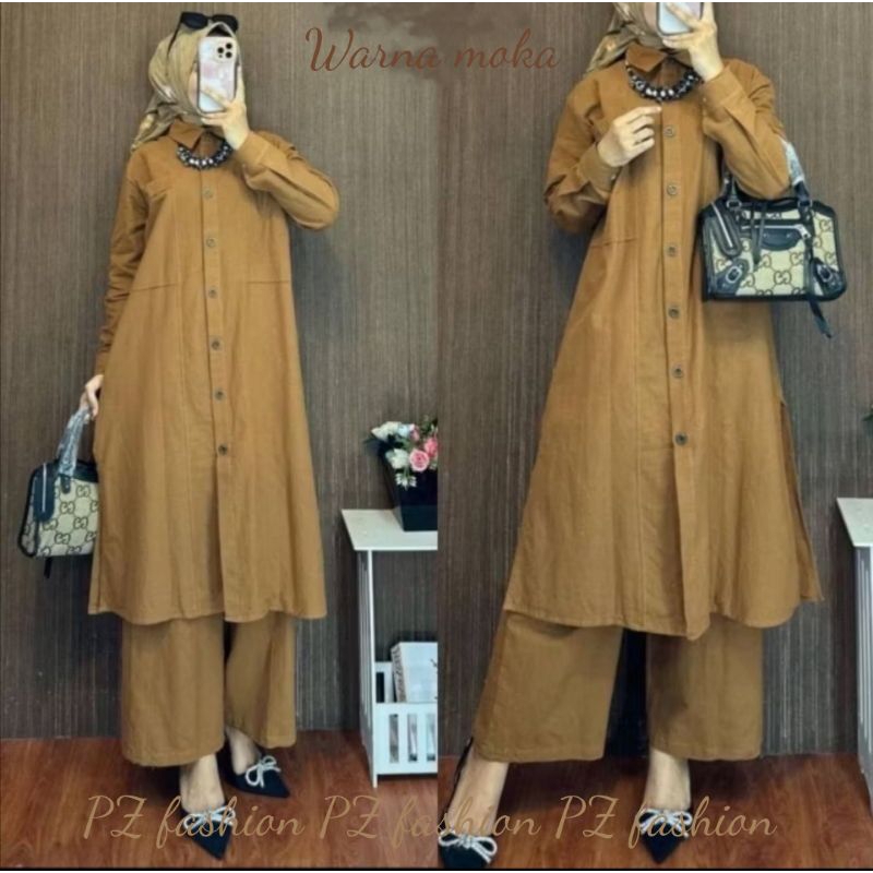 One set muslim wanita polo linen terbaru 2025