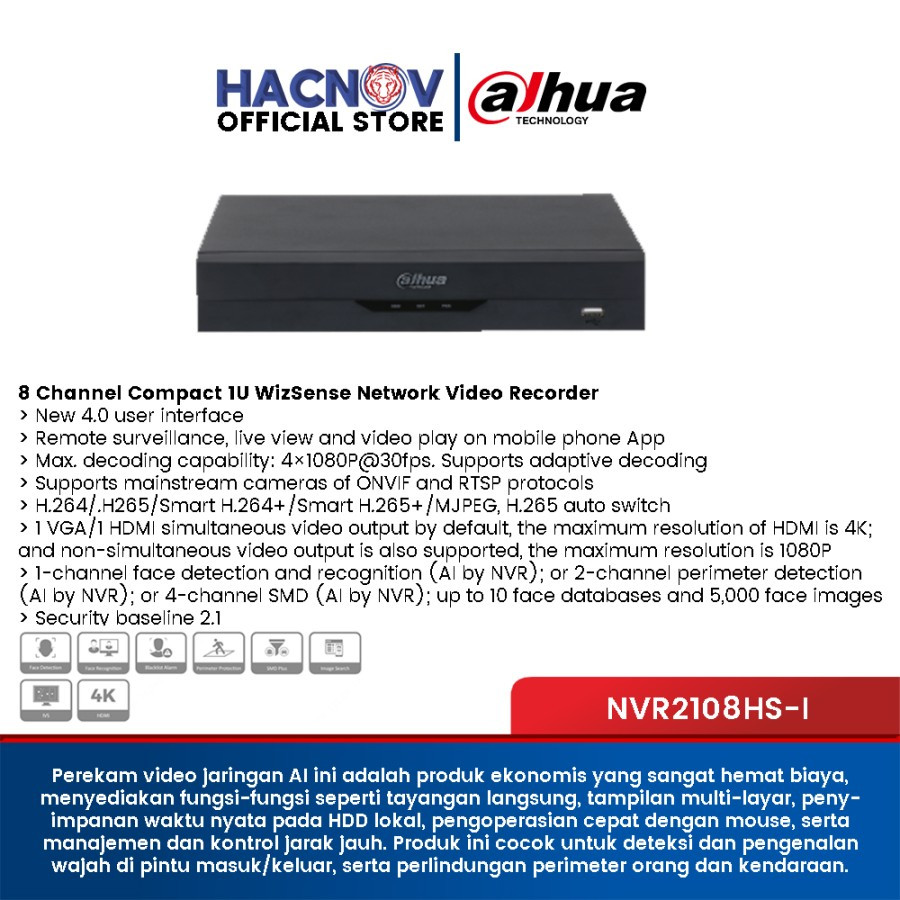 NVR CCTV Dahua 8 Channel DHI-NVR2108HS-I DVR CCTV Video Recorder