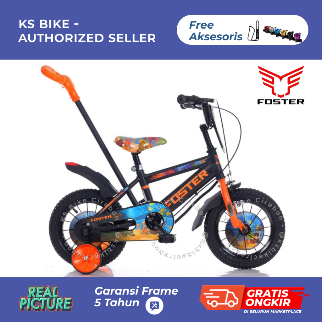 BMX Anak Foster Tongkat Dorong 12 Inch Roda Samping Tiga Sepeda Anak Laki Laki Umur 2 3 4 Tahun Ban 