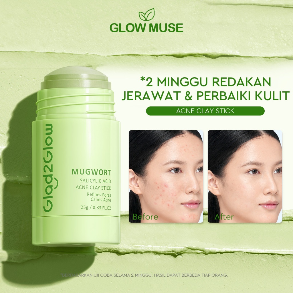 [100% ORI]Glad2Glow Real Mugwort Clay Mask Stick Salicylic Acid Anti Pores&Acne Jerawat Komedo Clean