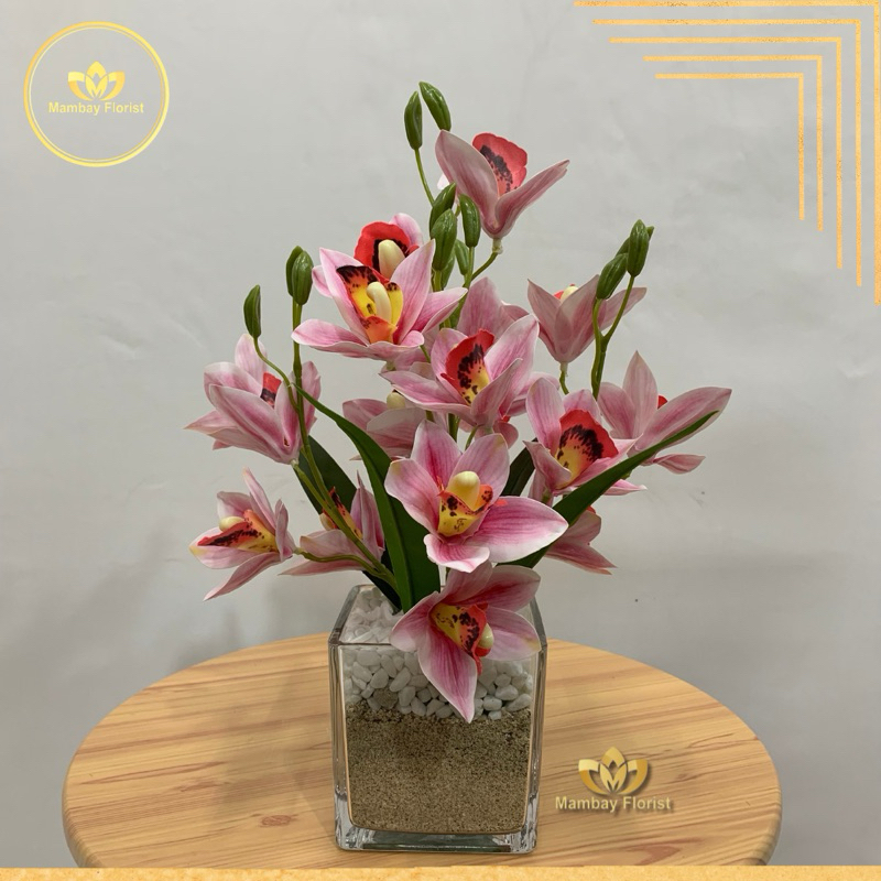 Rangkaian Anggrek Cymbidium Vas Kaca Mini Rangkaian Palsu Hiasan Rumah