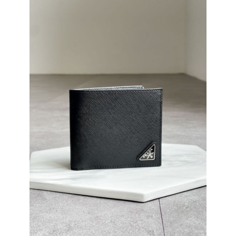 PRADA Triangle Logo Bifold Saffiano Wallet Black All Card