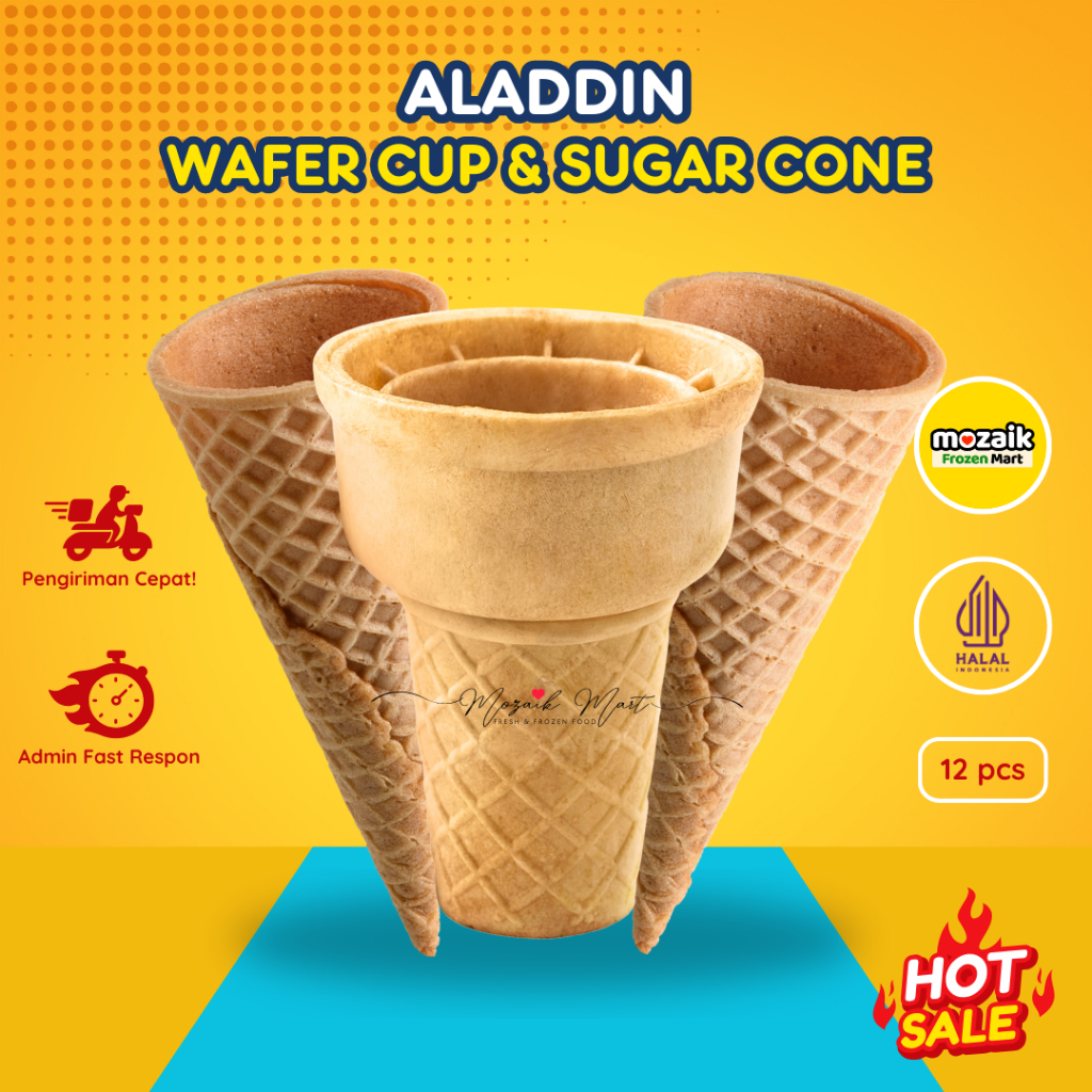 

Aladdin Wafer Cup & Sugar Cone 12 pcs-Cone Es Krim/Ice Cream/Waffle/Frozen Mart/FrozenFood Palembang