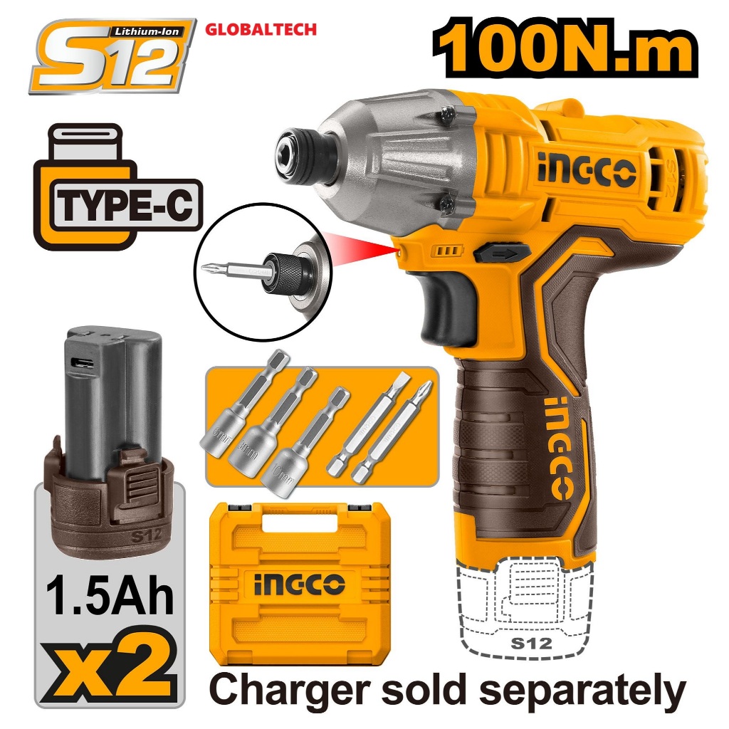 INGCO CIRLI12015 CORDLESS IMPACT DRIVER 12V OBENG BATERAI BOR BATERAI