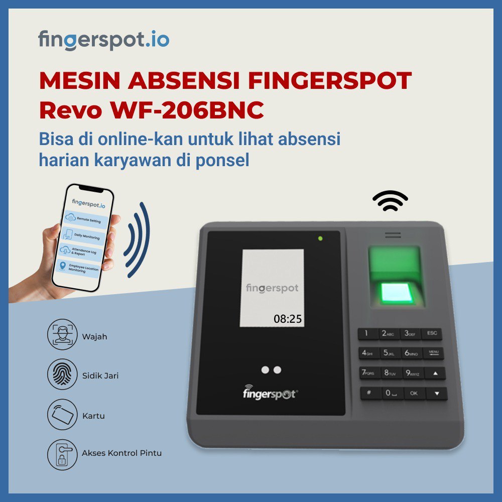 Paket Online Mesin Absensi Finger Print (Sidik Jari) Fingerspot Revo WF-206BNC WIFI & Aplikasi Finge