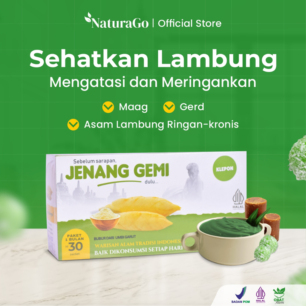 

Jenang Gemi Isi 30 Sachet Cemilan Sehat Asam Lambung Maag Gerd Kronis Umbi Garut Asli Rasa Klepon