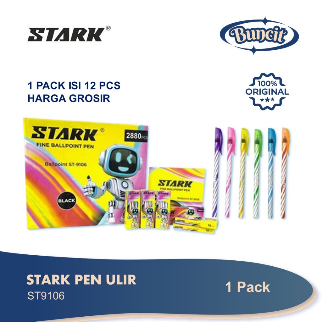 

Pulpen Stark 1 Pack isi 12 Pcs | Ballpoint Lilin Tinta Hitam | Pen Lilin | Pen Ulir