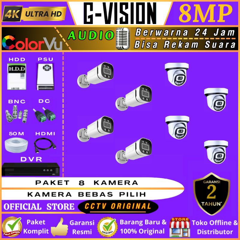 PAKET  CCTV  8  KAMERA  COLORVU  AUDIO  LENGKAP  -->  8MP  ULTRA  HD  (4K)
