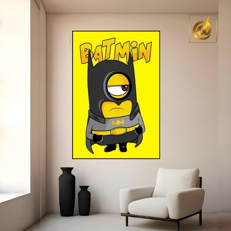 Lukisan Kanvas Batman Minion Realis Modern Wall Decor Ruang Tamu - Hand Painted Premium - Frame Mini