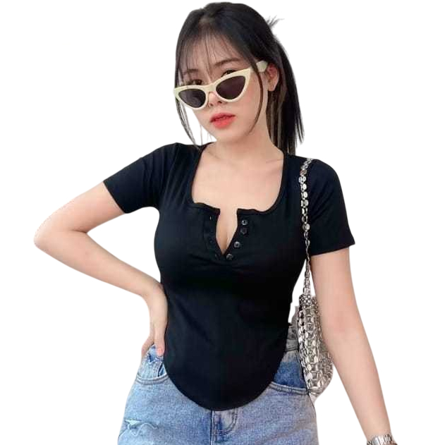 GF88 - Atasan Kaos T-shirt Kancing Potongan Oval Rajut Ribb Crop Top Baju Lengan Pendek Motif Polos 