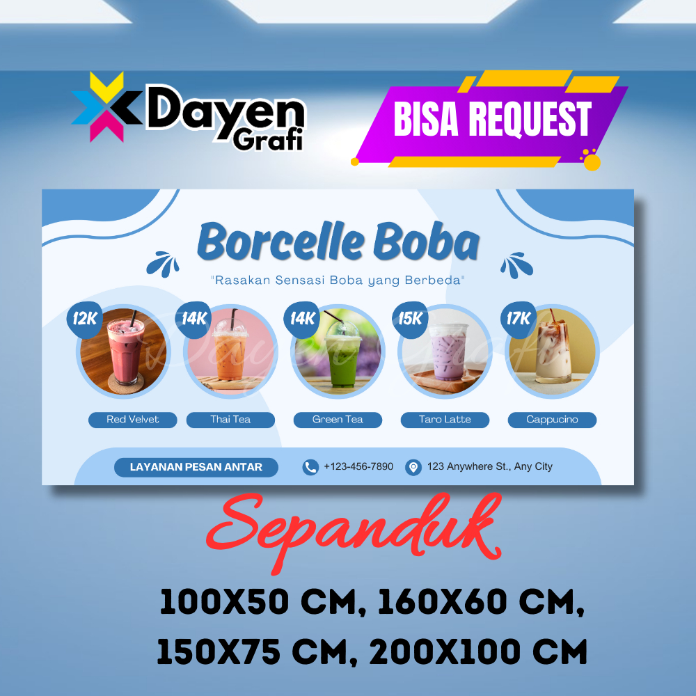 Spanduk Banner Aneka Minuman Boba Biru Cetak Custom