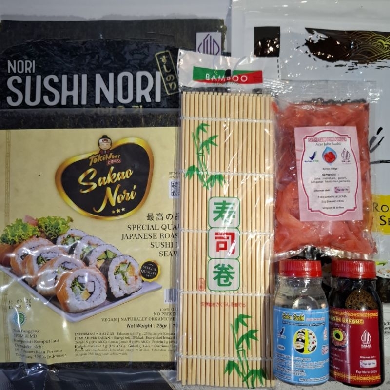 

Paket bahan sushi tipe 5 nori java sakao cuka bumbu shoyu acar jahe dried seaweed dan vinegar soy halal termurah