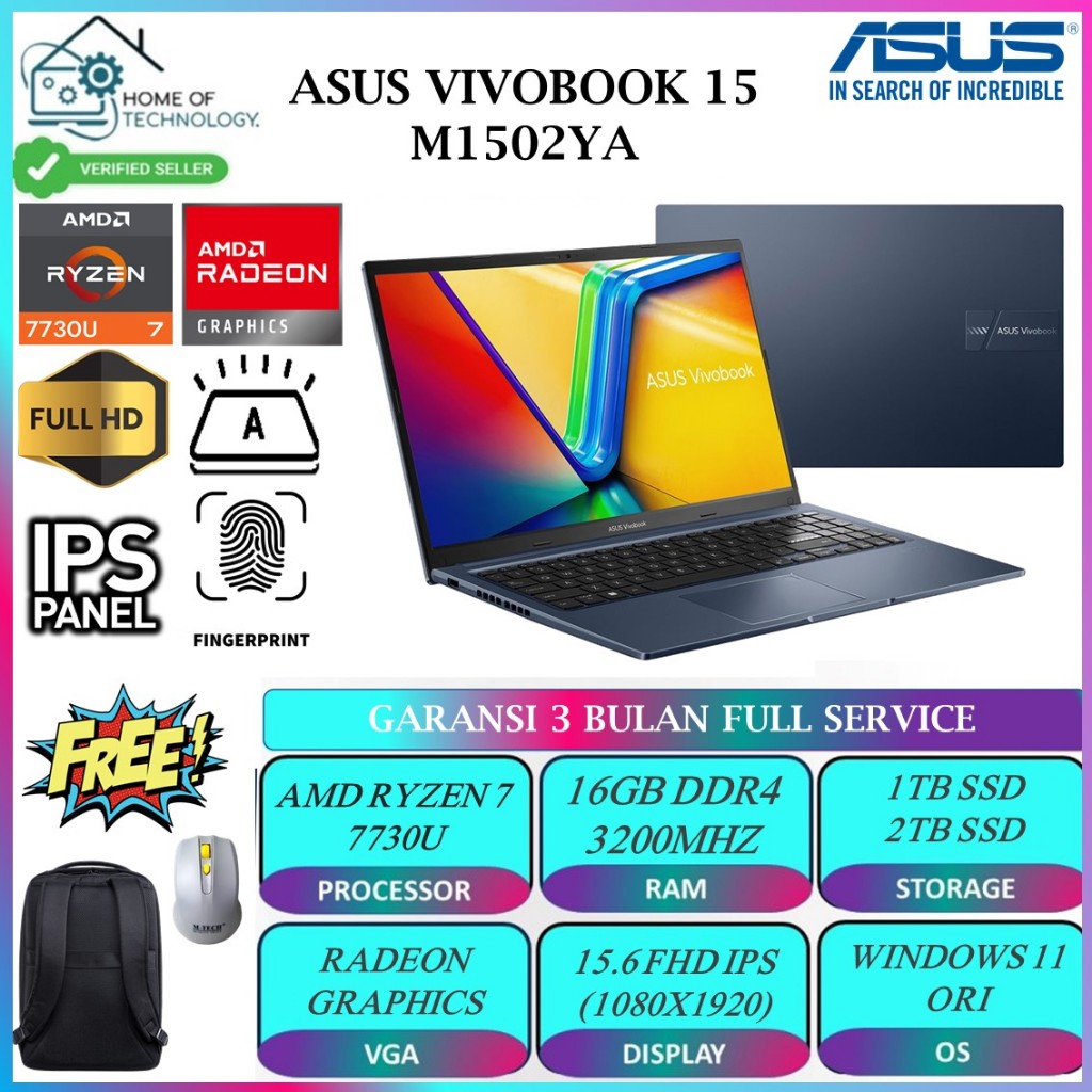 LAPTOP ASUS VIVOBOOK 15 M1502YA AMD RYZEN 7 7730U 16GB 1TB 15.6 FHD IPS BACKLIGHT FINGERPRINT WIN11