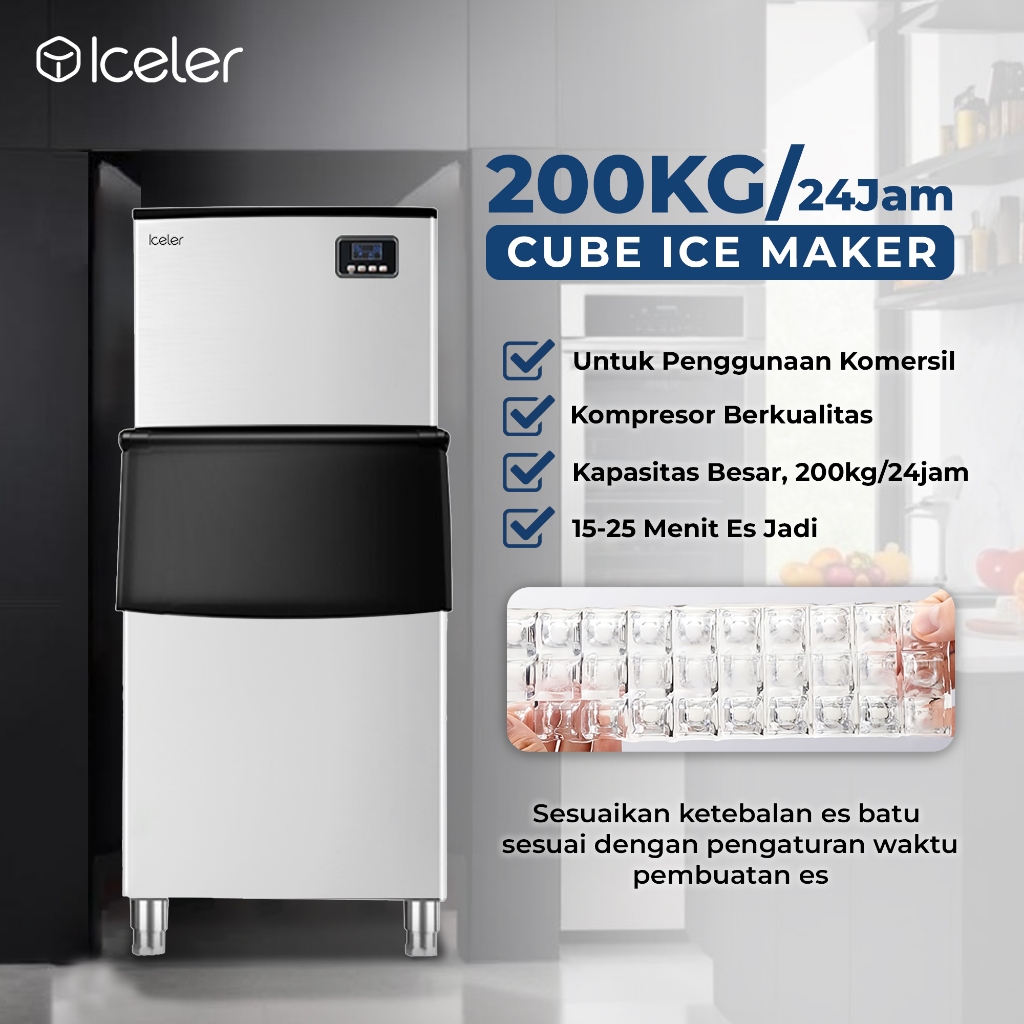 Iceler Mesin Es Batu 200KG/24JAM 224 Kotak Es Cube Ice Maker Kapasitas Besar
