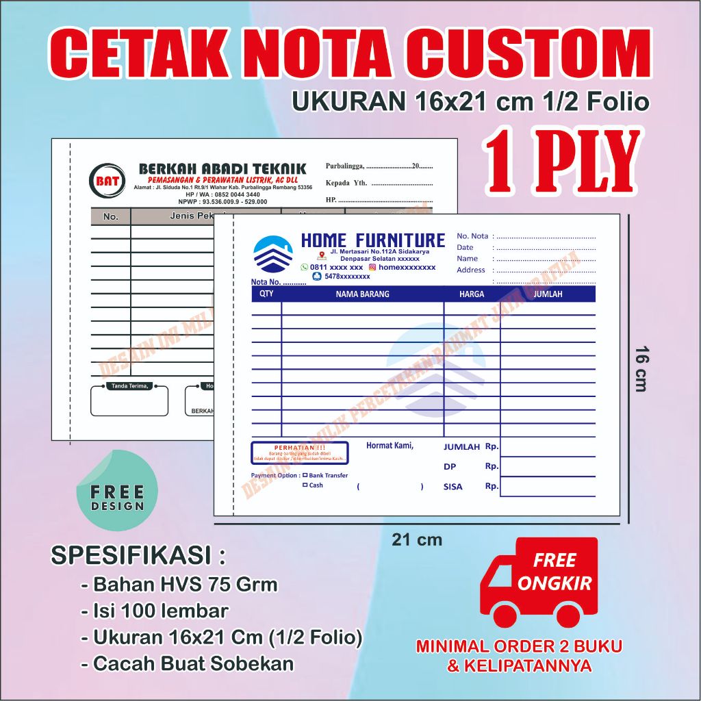 

Cetak Nota Custom UKuran 1/2 Folio 1 Ply Isi 100 Lb Free Desain Nama Toko Sendiri Rahmat Jaya Grafik