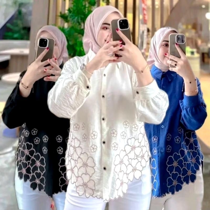 Kemeja Wanita Deanda motif Bordir / kemeja polo linen motif bunga kekinian
