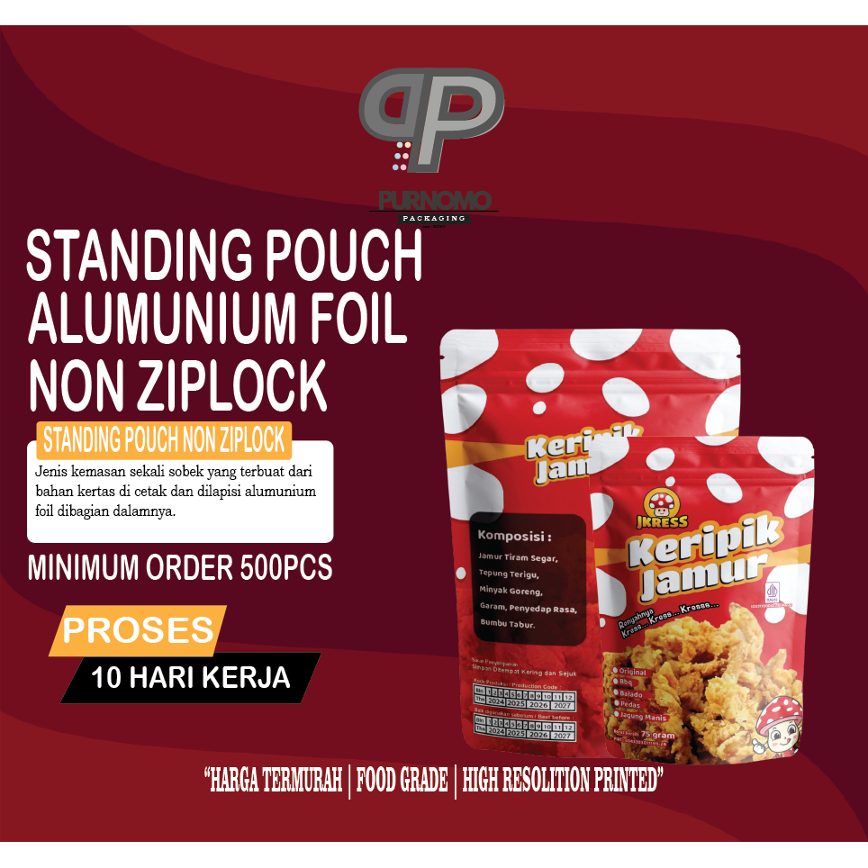 Cetak kemasan standing pouch custom alumunium foil non ziplock
