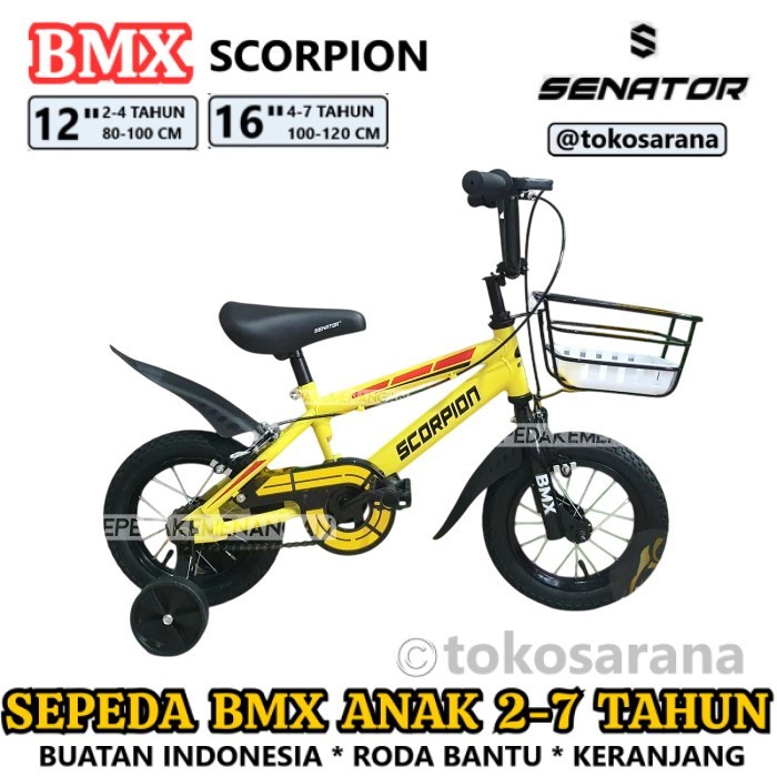 Sepeda Anak Senator Scorpion BMX 12" 16" Rangka Steel Roda Bantu Rem Caliper 2-7 Tahun Laki-Laki