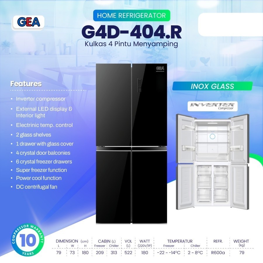 GEA G4D-404 BLACK GLASS 4 CROSS DOOR FRIDGE FREEZER / Kulkas Side by Side GEA G4D 404 BLACK Inverter