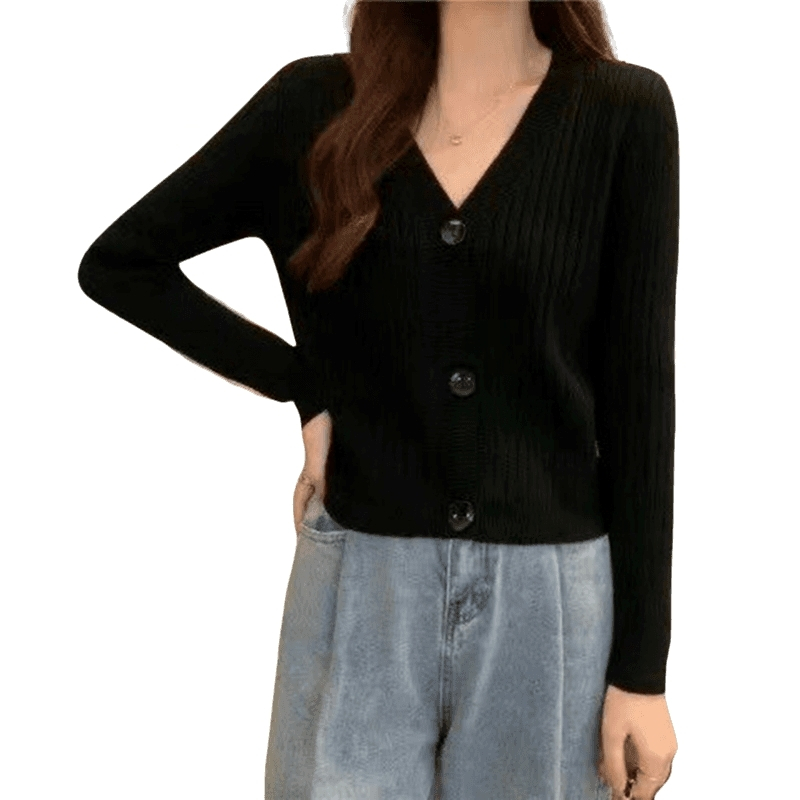 GF18 - Cardigan Rajut Ribb Outer Crop Top Baju Lengan Panjang Kancing Button Motif Plain Polos Korea