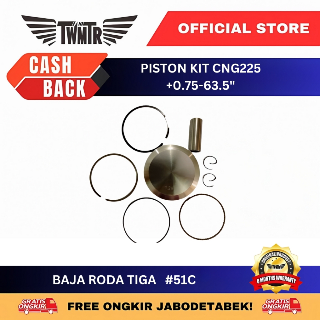 TWMTR 51.C - Piston Kit CNG225 +0.75-63.5"/ Piston Bajaj CNG225 OS 0.75 Seher SET - Sparepart Motor 
