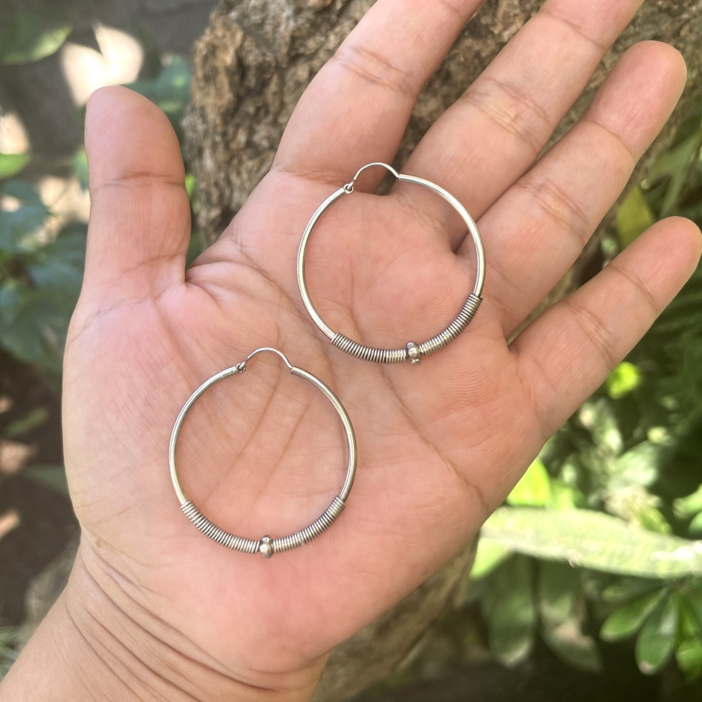 Anting Earrings Perak Silver Bali Bulat Hoop Lebar Lilit Bandul Jawan Budhis Asli  925