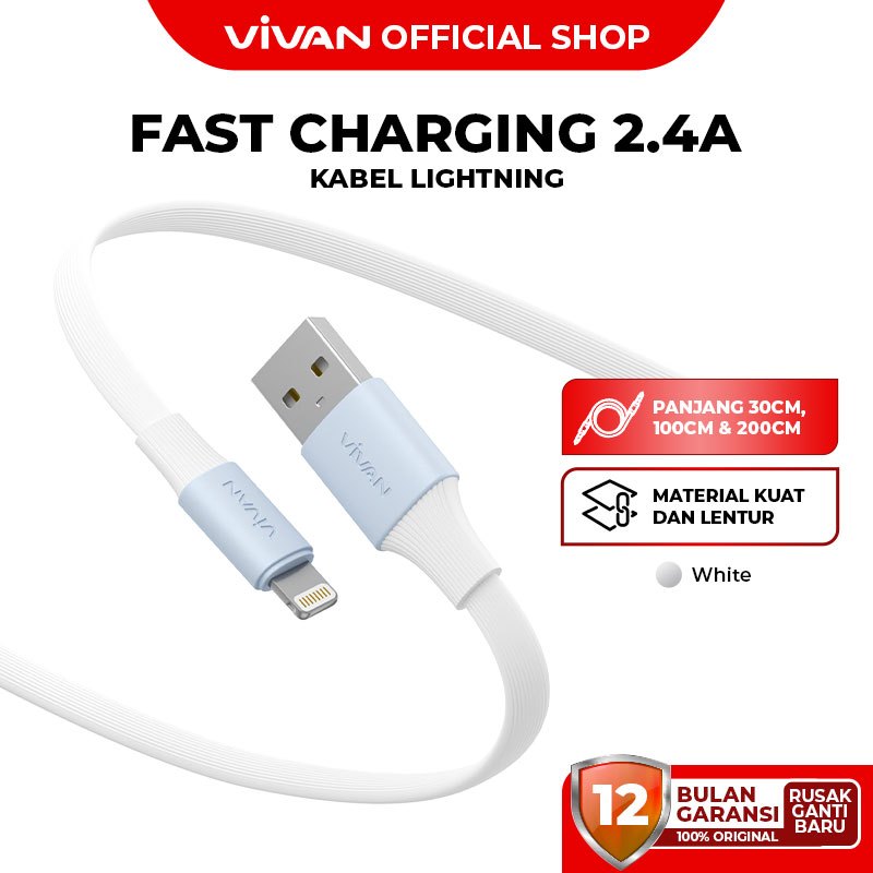 Kabel Data Lightning SL (30/100/200CM) VIVAN Fast Charging 2.4A Flat Design Garansi 1 Tahun
