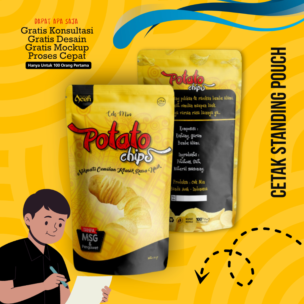 Cetak Standing Pouch Full Printing Gratis Desain Custom Minimal 100 Pcs