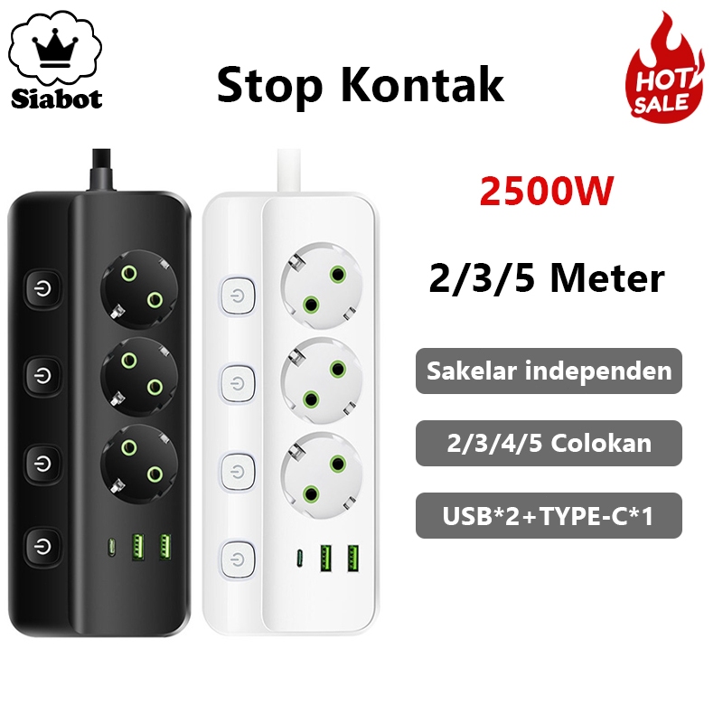 

7lekkar - stop kontak power strip 2/3/5m fast charging 2 usb + 5 lubang + switch