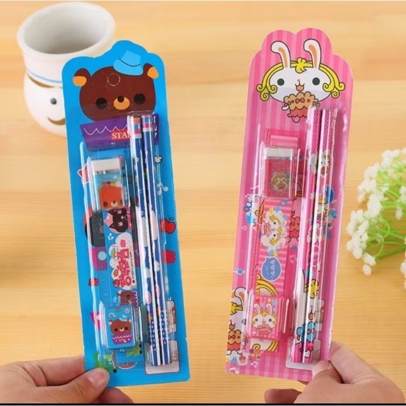 

Stationery alat tulis 5 in 1 penggaris pensil rautan penghapus