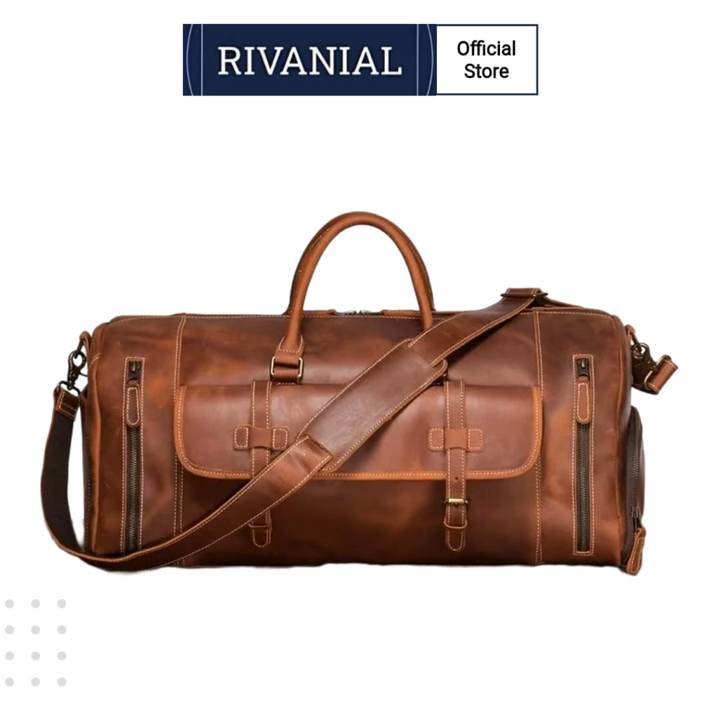RIVANIAL Tas Duffle Travel Kulit Pria Gaya Vintage 100% Tas Travel Kulit Sapi