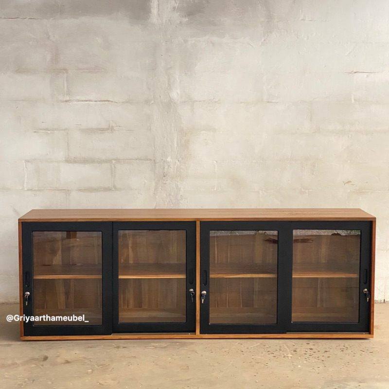 Cabinet kayu jati sliding pintu kaca model custom
