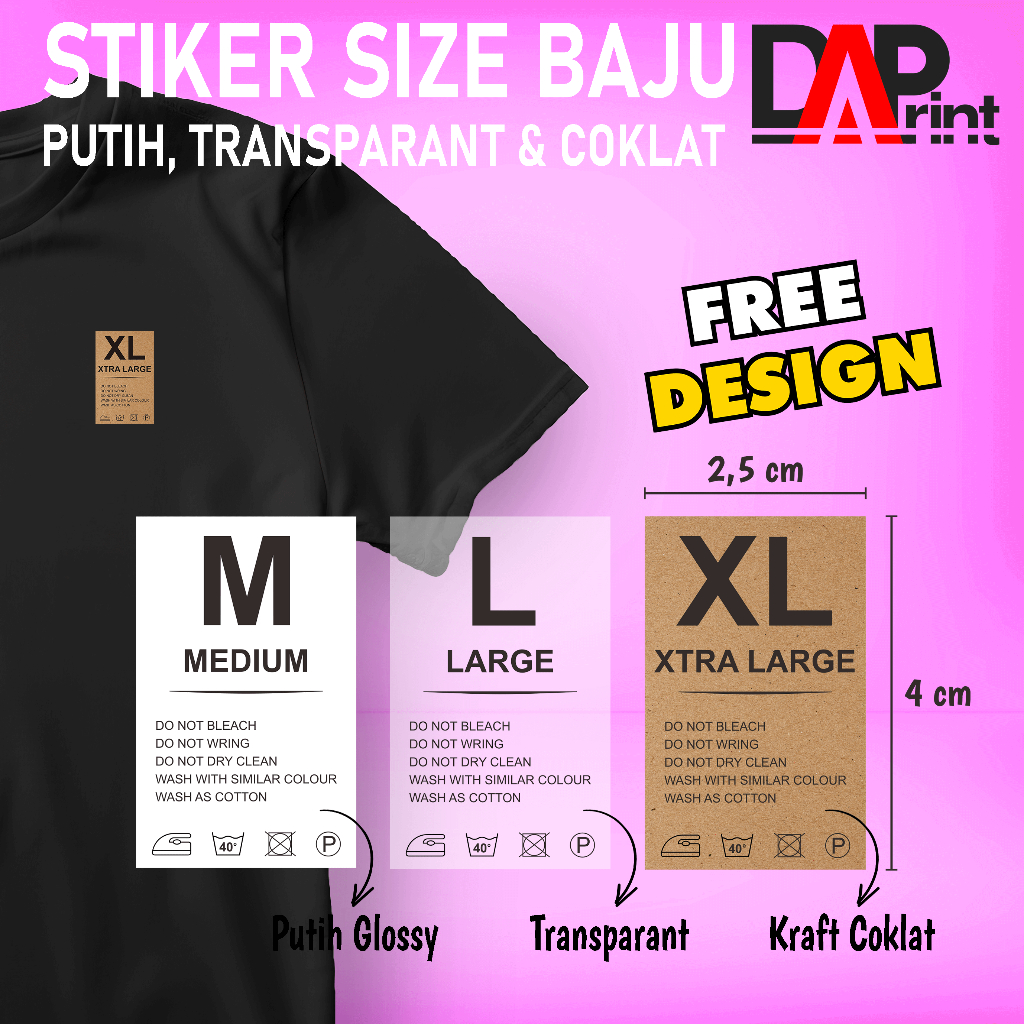 Cetak Stiker Label Size Ukuran Baju Custom