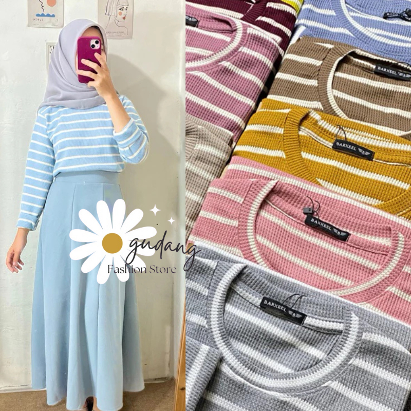 Kaos Stripe Wanita Basic Lengan Panjang Premium
