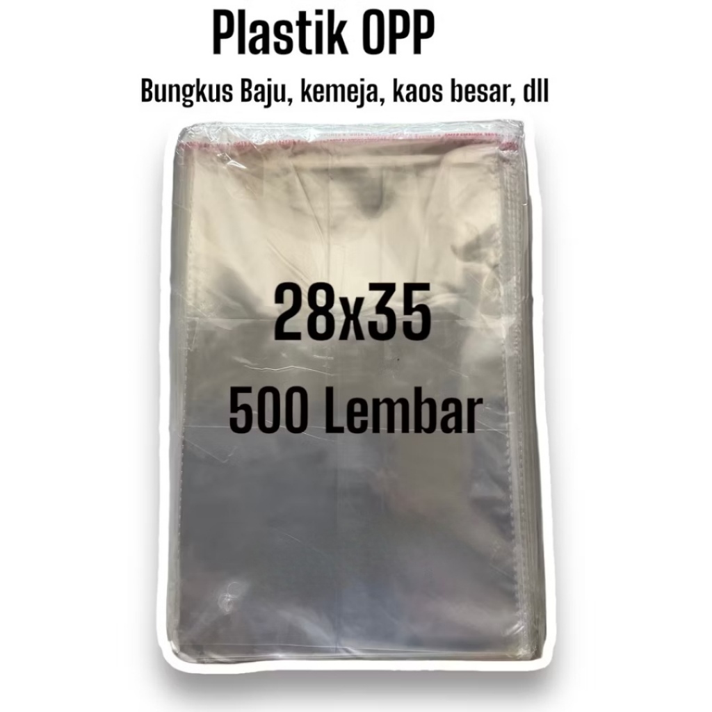 

Plastik OPP baju 28 x 35 isi 500 lembar packing kemrja kaos jilbabketebalan standar