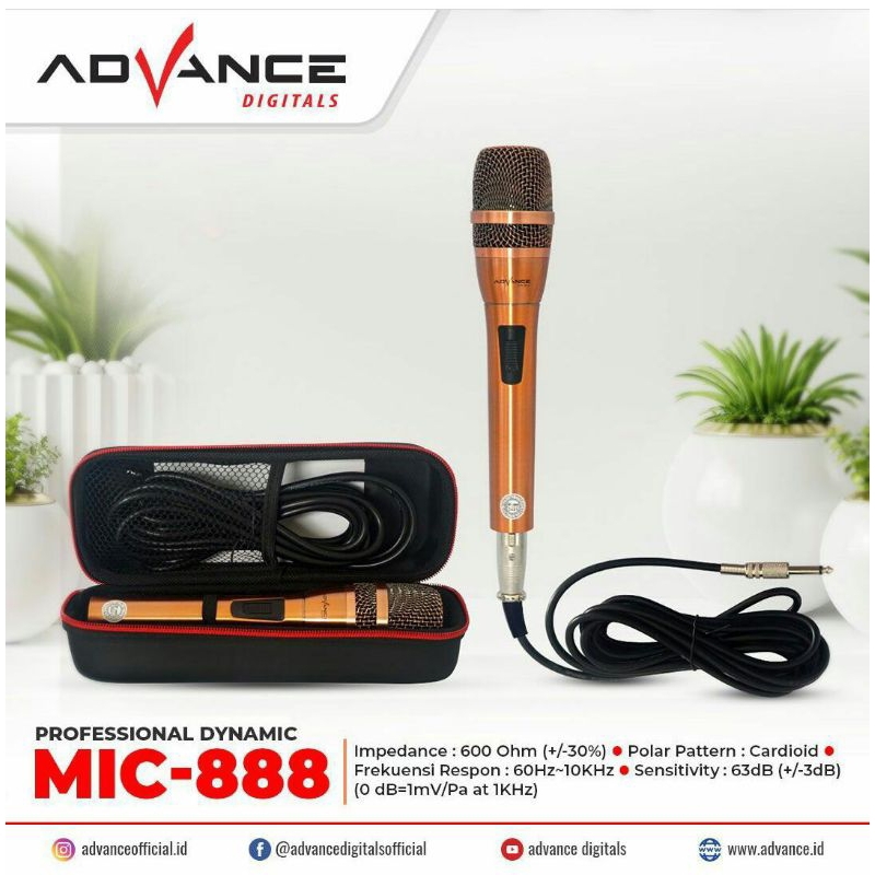 Mic Kabel Advance Microphone Karaoke Mic-888 Bodi Besi Warna Mik Gold Mewah
