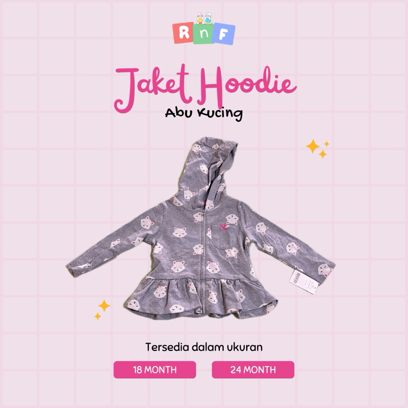 Jaket Hoodie Bayi Anak Perempuan Warna Abu-abu Motif Kucing