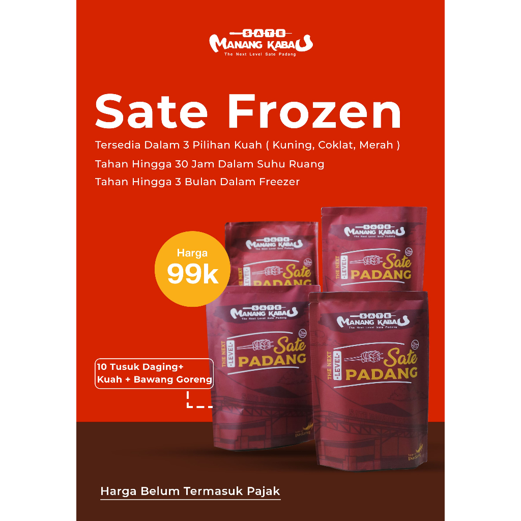 

Sate Padang Frozen Kuah Kuning (Tidak Pedas) -Sate Manang Kabau (10 Tusuk+Kuah Kuning+Bawang Goreng)