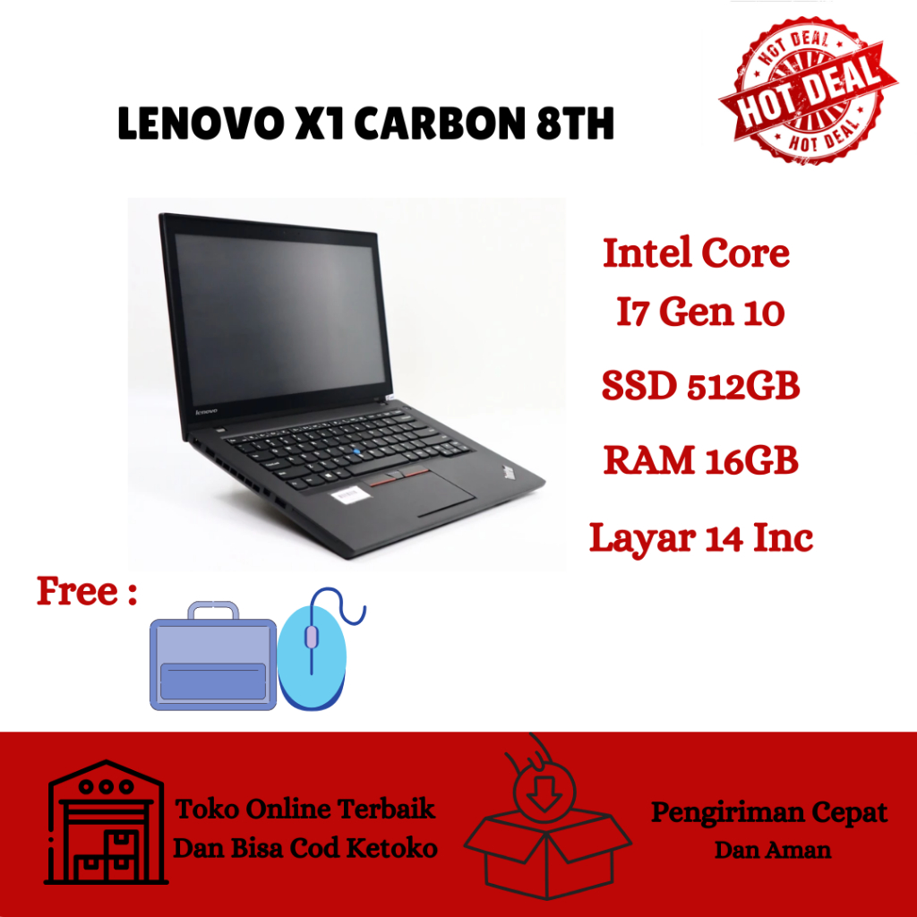 LAPTOP LENOVO X1  CARBON 8TH CORE I7 GEN 10 RAM 16GB SSD 512GB BERGARANSI