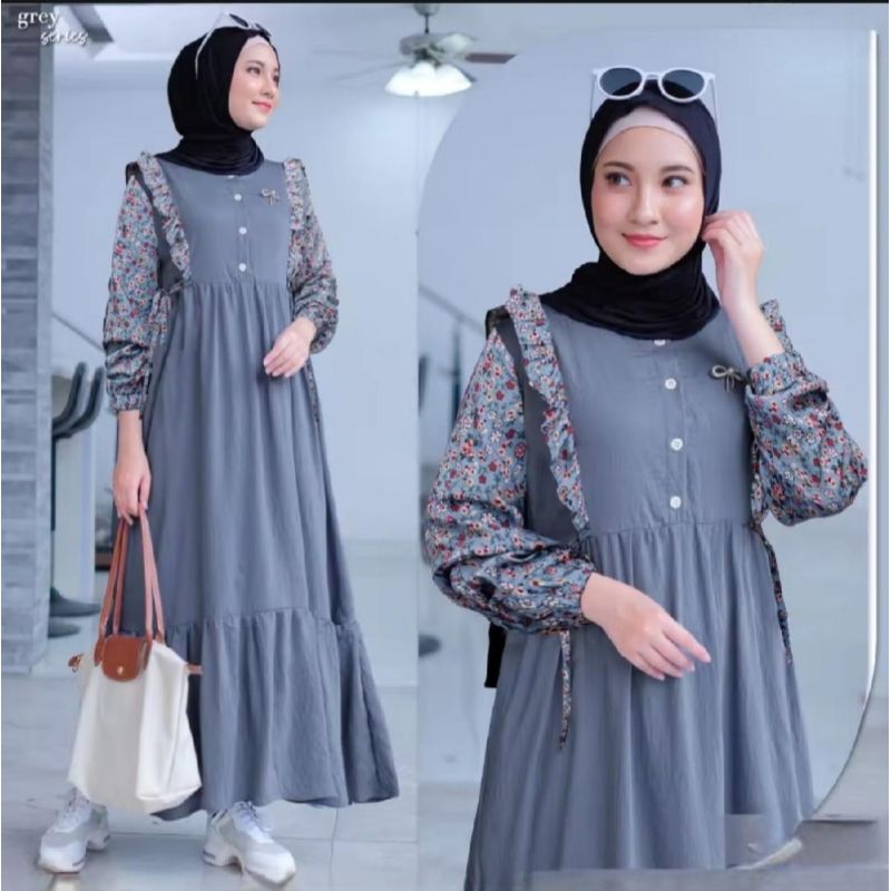 MIDI dress Flora bahan rayon twill kombinasi motif bunga, MIDI dress terbaru model kekinian busui
